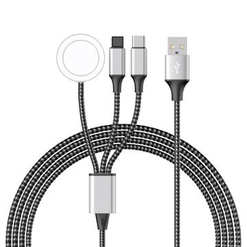 3-in-1 gevlochten oplaadkabel - Type-C, Lightning, Apple Watch - 1.2m