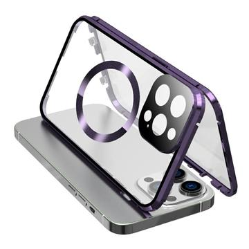 Compatibel met MagSafe Case voor iPhone 15 Pro Magnetisch metalen frame + dubbelzijdige telefoonhoes van gehard glas met gespsluiting - Paars