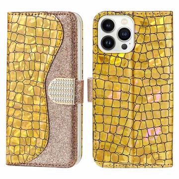 Croco Bling Serie iPhone 14 Pro Portemonnee Hoesje - Goud