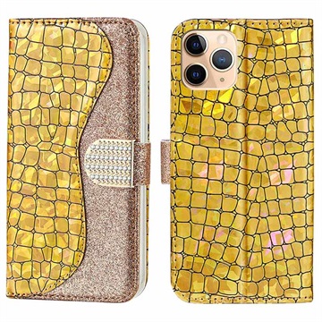 Croco Bling Series iPhone 13 Pro Wallet Case - Goud