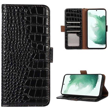 Crocodile Series Samsung Galaxy S21 FE 5G Wallet Leren Hoesje met RFID - Zwart