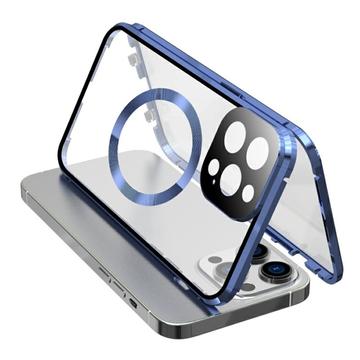 Dubbelzijdig beschermhoesje van gehard glas + magnetisch metalen frame tegen vallen voor iPhone 15 Compatibel met MagSafe telefoonhoesje met gespsluiting - Donkerblauw