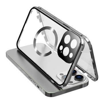 Dubbelzijdige beschermhoes van gehard glas + magnetisch metalen frame tegen vallen voor iPhone 15 Compatibel met MagSafe telefoonhoes met gespvergrendeling - Zilver