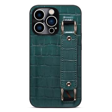 iPhone 14 Pro Gecoat Hoesje met Draagriem und Kartenhalter - Krokodil - Groen