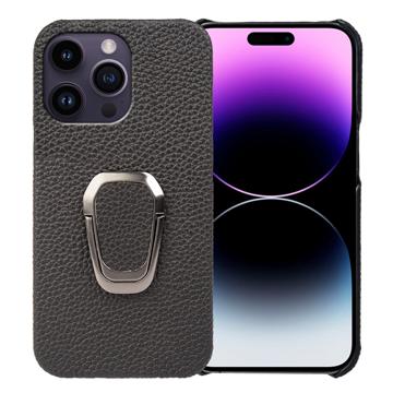 iPhone 14 Pro Max Leren Gecoate Case met Ringhouder - Zwart