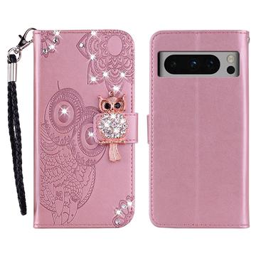 Google Pixel 8 Pro Uil Strass Portemonnee Hoesje - Roségoud