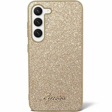 Samsung Galaxy S24 Guess Glitter Flakes Metal Logo Hybride Hoesje - Goud