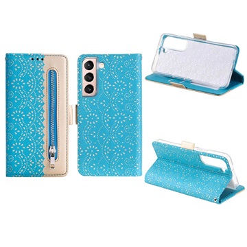 Lace Pattern Samsung Galaxy S22+ 5G Portemonnee Hoesje - Blauw