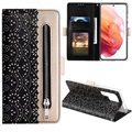 Lace Pattern Samsung Galaxy S22 Ultra 5G Portemonnee-hoesje - Zwart