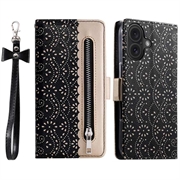 iPhone 16 Lace Pattern Portemonnee Hoesje - Zwart