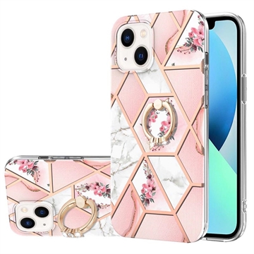 iPhone 15 Marble Pattern IMD TPU Case met Ring Houder - Roze / Wit