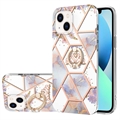 iPhone 15 Marble Pattern IMD TPU Case met Ring Houder - Zwart