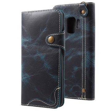 Samsung Galaxy S9 Retro Wallet Leren Hoesje - Blauw