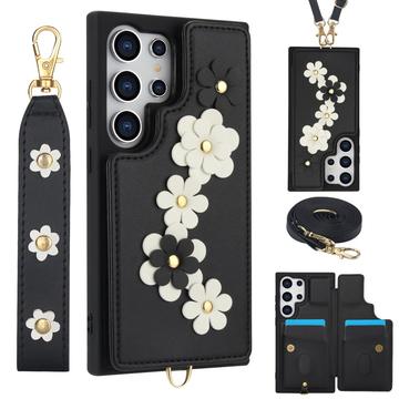 Samsung Galaxy S24 Ultra Bloemendecor hoesje met riem - Zwart