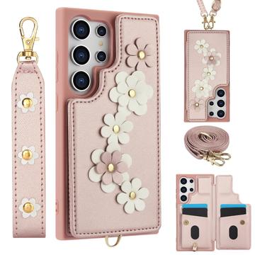 Samsung Galaxy S24 Ultra Bloemendecor hoesje met riem - Roze