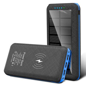 Zonne-energiebank 20000mAh w. draadloos opladen, 3x USB-poorten, dubbele LED zaklamp - Blauw / Zwart