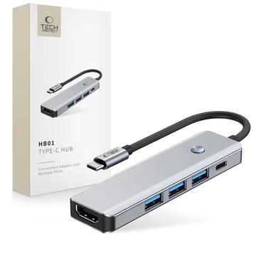 Tech-Protect HB01 5-in-1 USB-C Hub Adapter met USB 3.0, HDMI 4K 60Hz en 100W PD - Ruimte Grijs