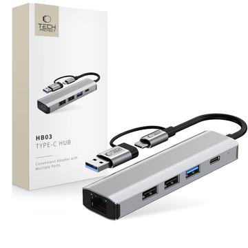 Tech-Protect HB03 5-in-1 USB-C Hub Adapter met USB 2.0, USB 3.0, RJ45 Ethernet en Type-C - Ruimte Grijs