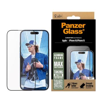 iPhone 15/16 PanzerGlass Aluminium Frame Ultra-Wide Fit Screenprotector - 9H - Zwarte rand