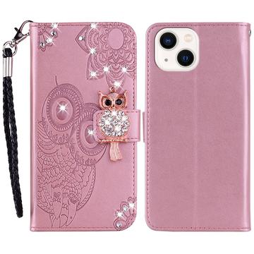 iPhone 15 Plus Uil Strass Portemonnee Hoesje - Roségoud