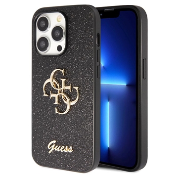 iPhone 15 Pro Max Guess Fixed Glitter 4G Metal Logo Cover - Zwart