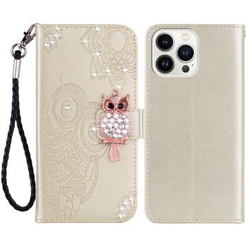 iPhone 15 Pro Uil Strass Portemonnee Hoesje - Goud