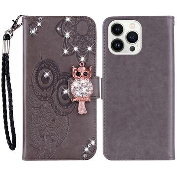 iPhone 15 Pro Uil Strass Portemonnee Hoesje - Grijs