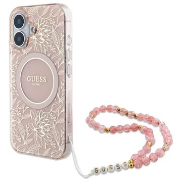 iPhone 16 Guess IML Bloemen Allover Electro Hoesje met Parelband - MagSafe Compatibel