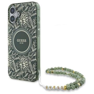 iPhone 16 Plus Guess IML Bloemen Allover Electro Hoesje met Parelband - MagSafe Compatibel