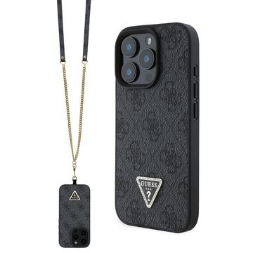 iPhone 16 Pro Guess 4G Strass Triangle Metal Logo Hoesje met Crossbody-band - Zwart