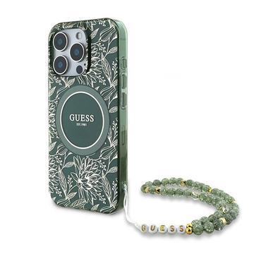 iPhone 16 Pro Guess IML Flowers Allover Electro Hoesje met Parelband - MagSafe Compatibel