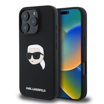 iPhone 16 Pro Karl Lagerfeld Karl Head Vloeibaar Siliconen MagSafe Hoesje - Zwart