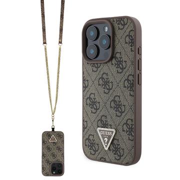 iPhone 16 Pro Max Guess 4G Strass Triangle Metal Logo Hoesje met Crossbody-band - Bruin