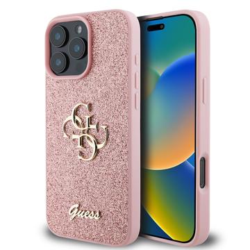 iPhone 16 Pro Max Guess Fixed Glitter 4G Metal Logo Cover - Roze