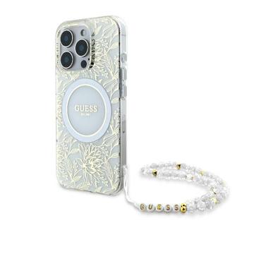 iPhone 16 Pro Max Guess IML Bloemen Allover Electro Hoesje met Parelband - MagSafe Compatibel - Wit